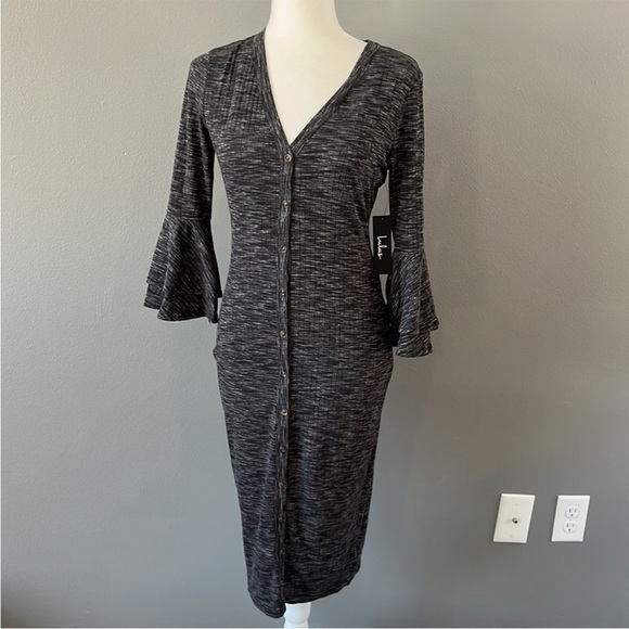 Lulu’s Jony Ribbed Button-Up Midi Sweater Dress Gray Space Dye - Picture 3 of 14